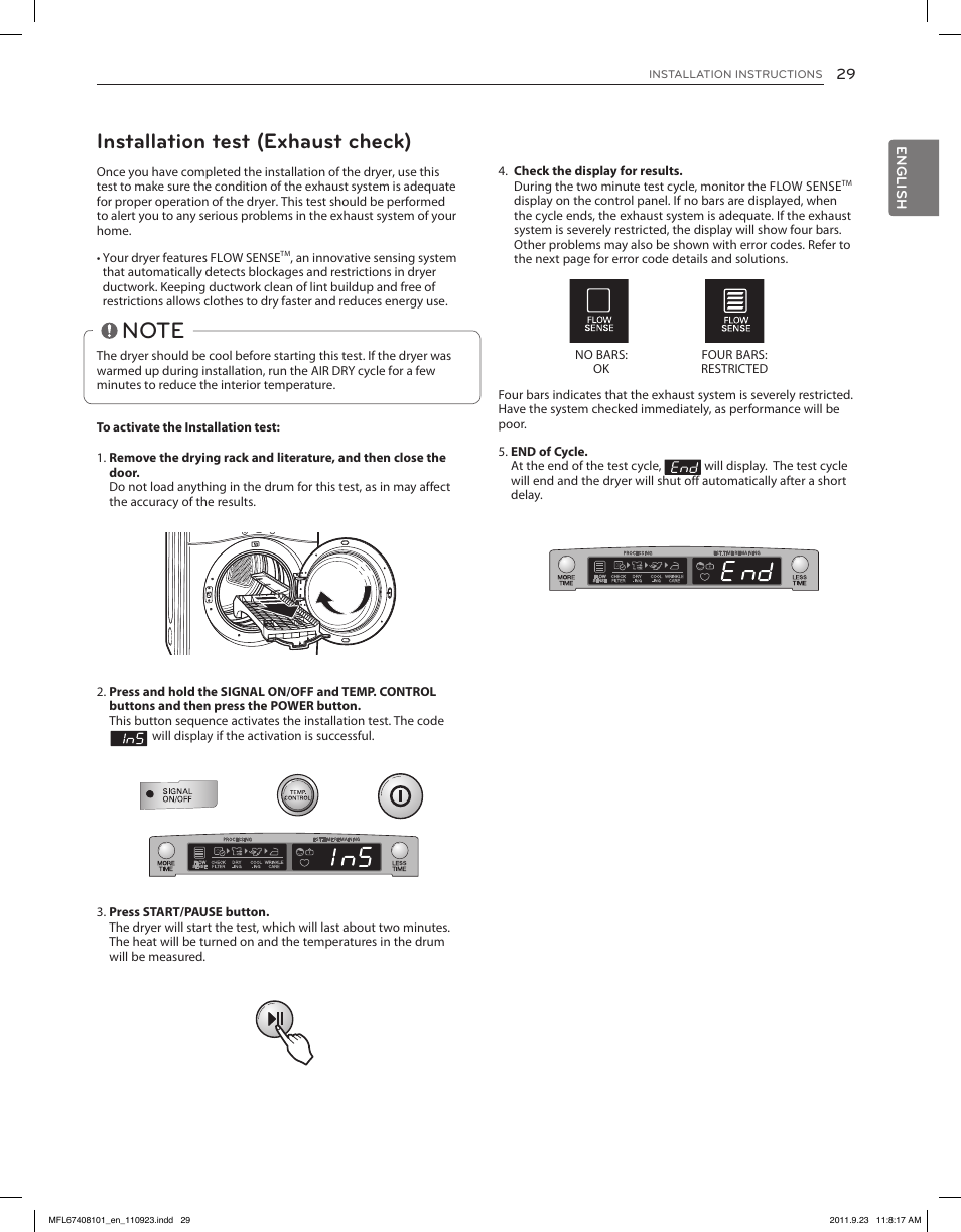 Installation test (exhaust check) | LG DLEX3550V User Manual | Page 29 / 96