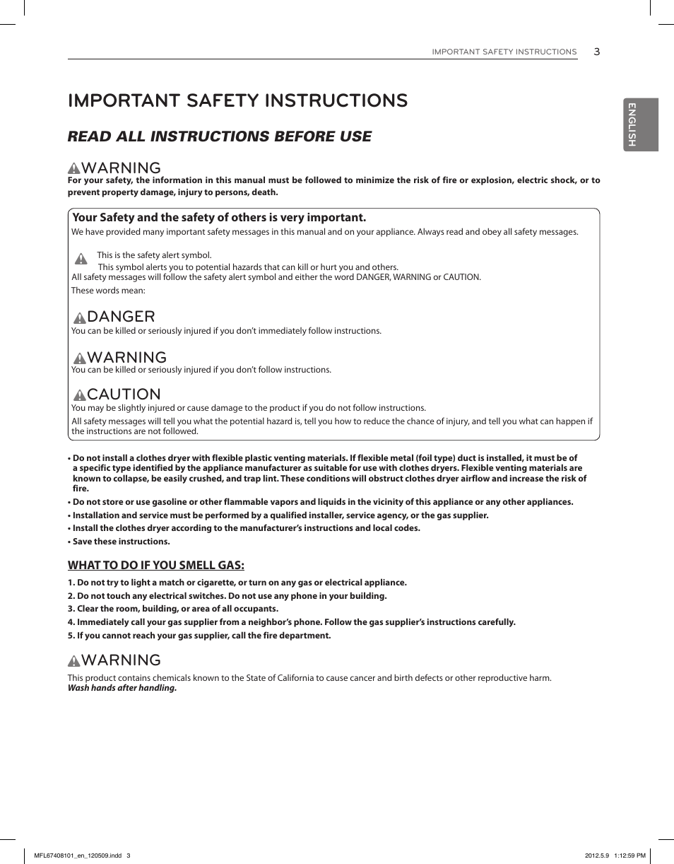 Important safety instructions, Warning, Danger | Caution | LG DLEX3550V User Manual | Page 3 / 96