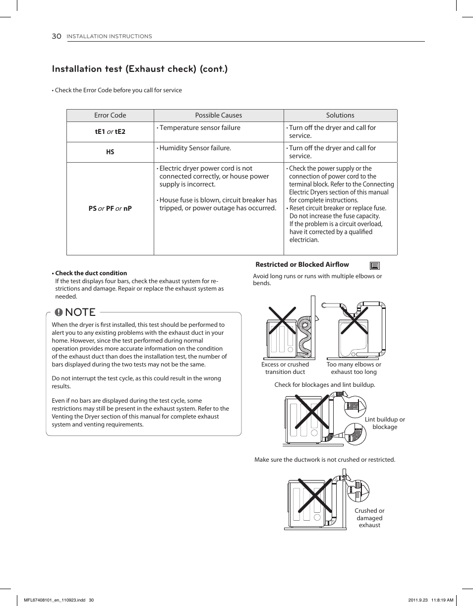 Installation test (exhaust check) (cont.) | LG DLEX3550V User Manual | Page 30 / 96