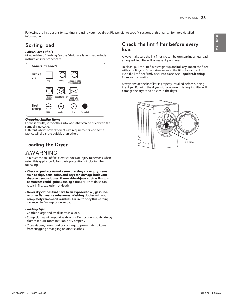 Warning, Check the lint filter before every load, Sorting load | Loading the dryer | LG DLEX3550V User Manual | Page 33 / 96