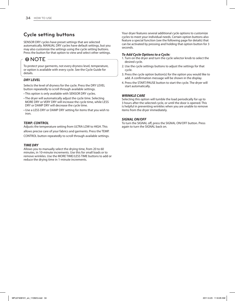 Cycle setting buttons | LG DLEX3550V User Manual | Page 34 / 96