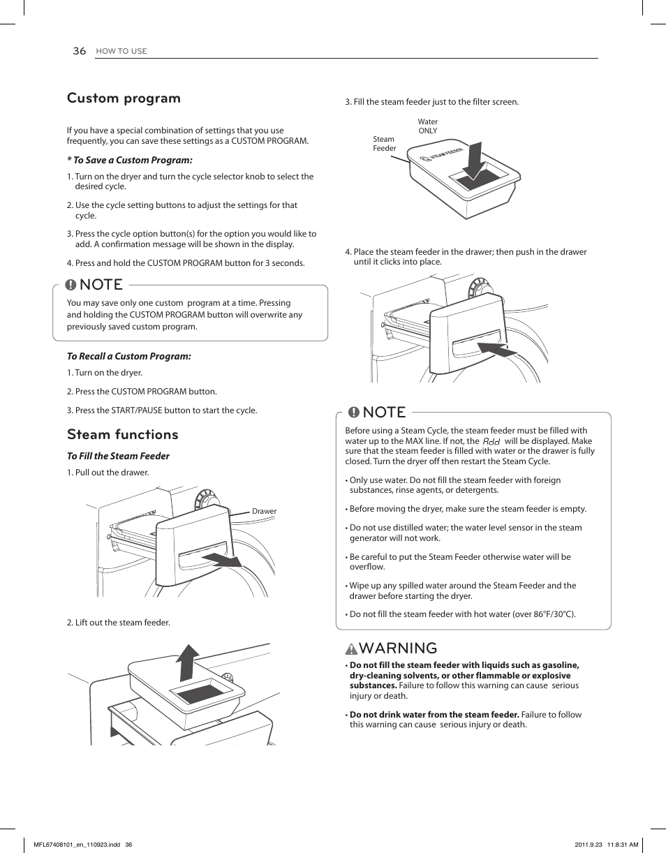 Warning, Custom program, Steam functions | LG DLEX3550V User Manual | Page 36 / 96