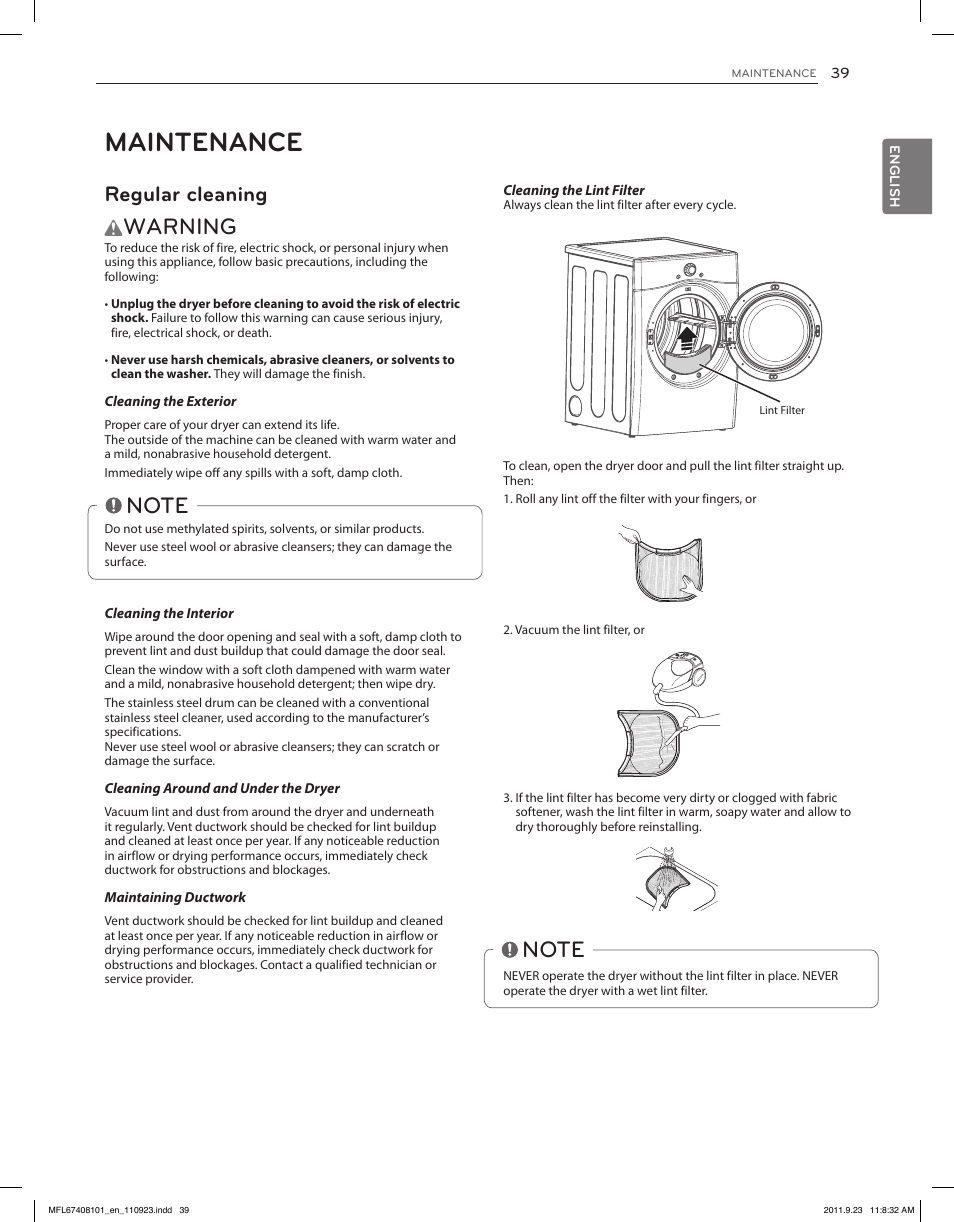 Maintenance, Warning, Regular cleaning | LG DLEX3550V User Manual | Page 39 / 96