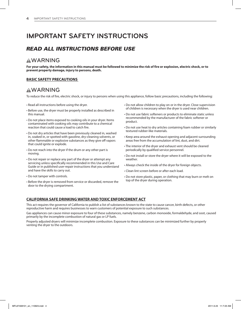Important safety instructions, Warning, Read all instructions before use w | LG DLEX3550V User Manual | Page 4 / 96