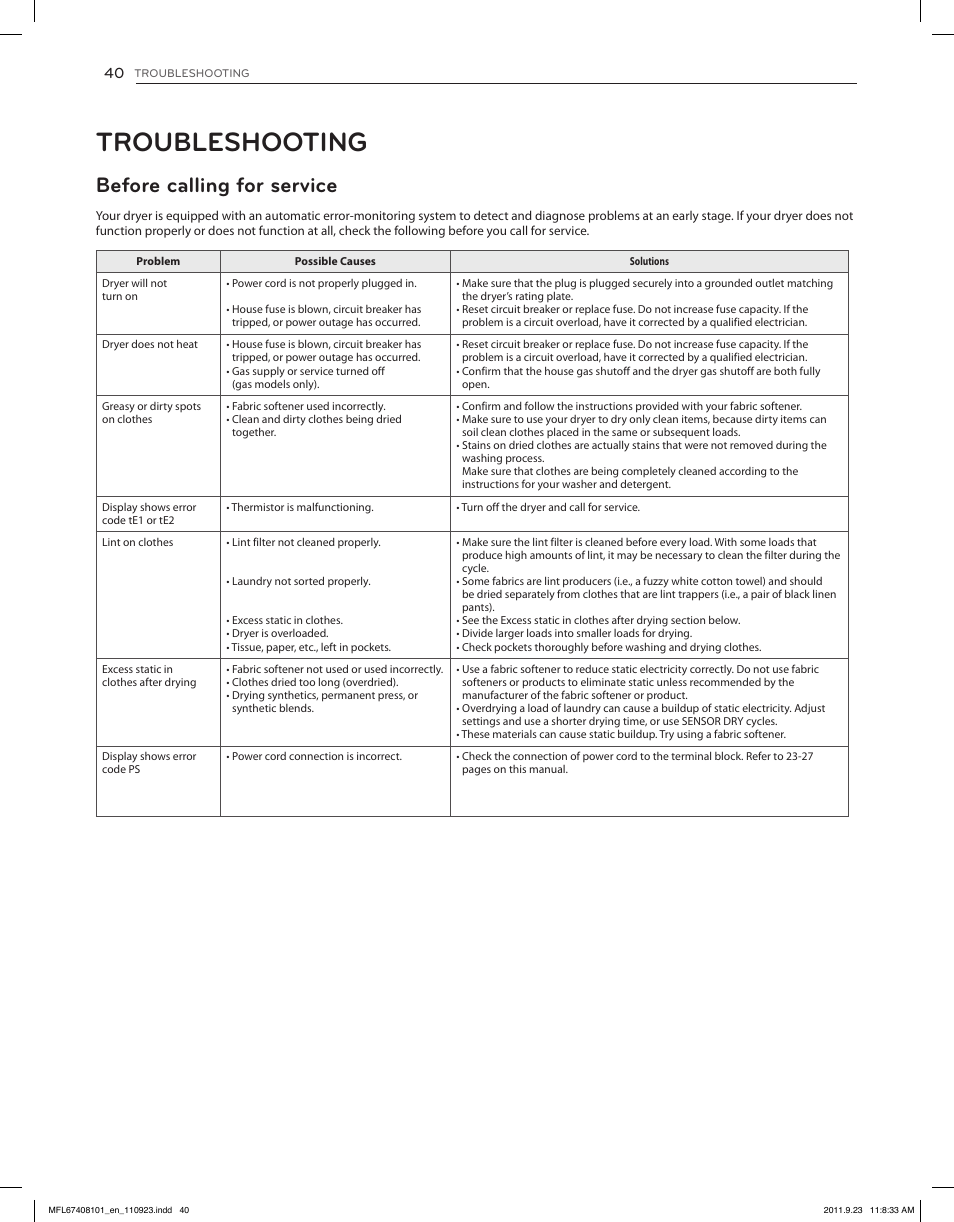 Troubleshooting, Before calling for service | LG DLEX3550V User Manual | Page 40 / 96