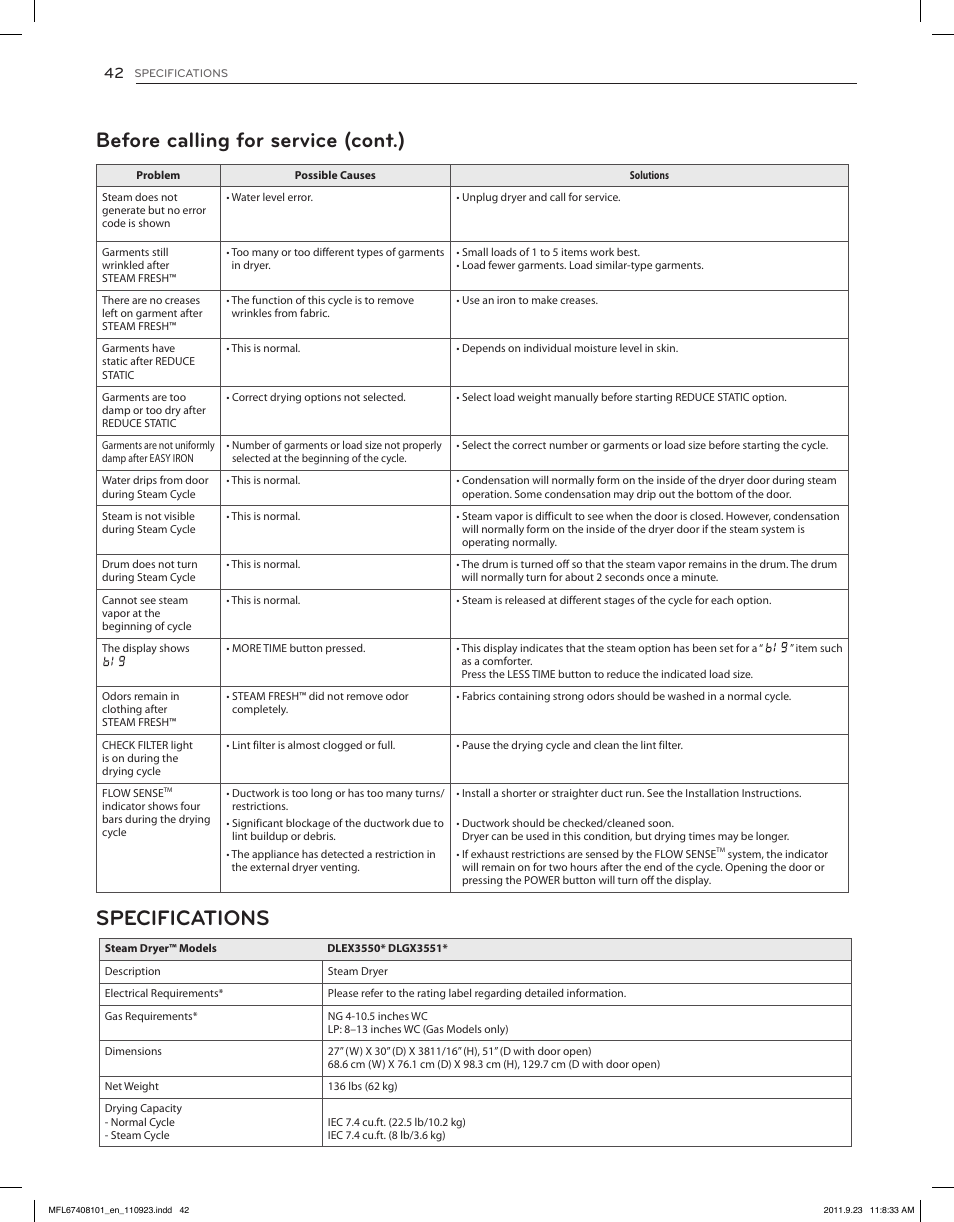 Before calling for service (cont.) specifications | LG DLEX3550V User Manual | Page 42 / 96
