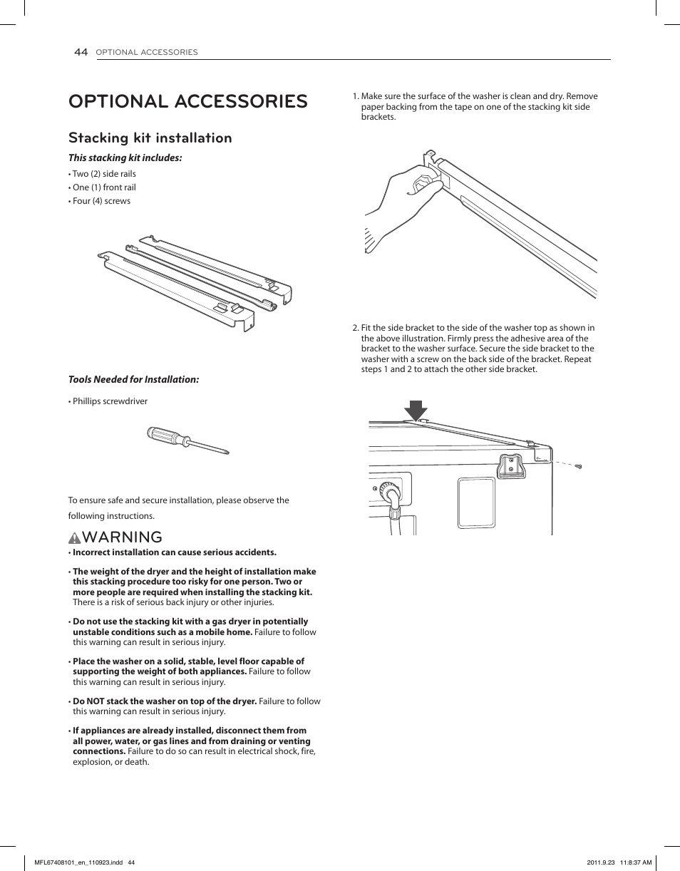 Optional accessories, Warning, Stacking kit installation | LG DLEX3550V User Manual | Page 44 / 96