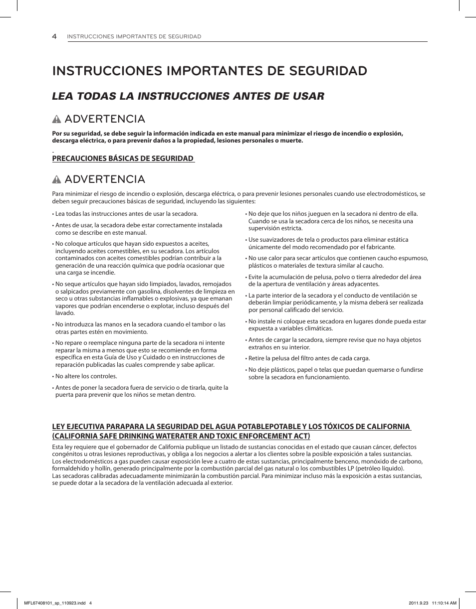 Instrucciones importantes de seguridad, Advertencia, Lea todas la instrucciones antes de usar w | LG DLEX3550V User Manual | Page 50 / 96