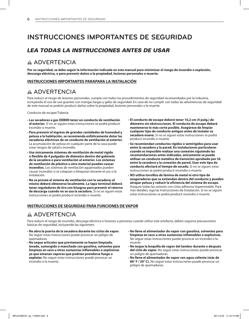 Instrucciones importantes de seguridad, Advertencia, Lea todas la instrucciones antes de usar w | LG DLEX3550V User Manual | Page 52 / 96
