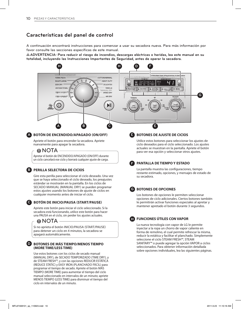 Nota, Características del panel de control | LG DLEX3550V User Manual | Page 56 / 96