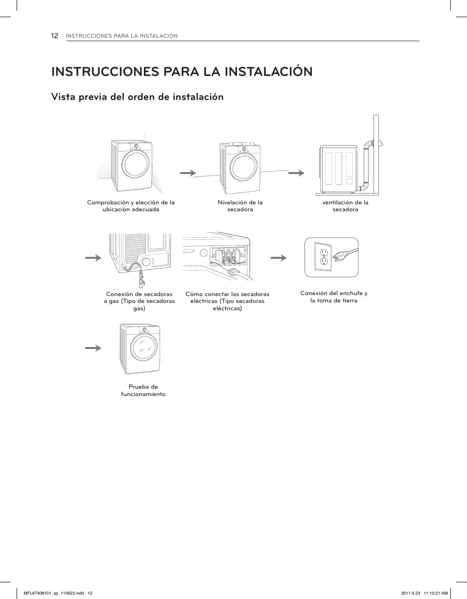 Instrucciones para la instalación, Vista previa del orden de instalación | LG DLEX3550V User Manual | Page 58 / 96