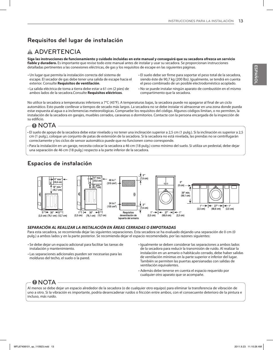 Advertencia, Nota, Requisitos del lugar de instalación | Espacios de instalación, Esp añol | LG DLEX3550V User Manual | Page 59 / 96