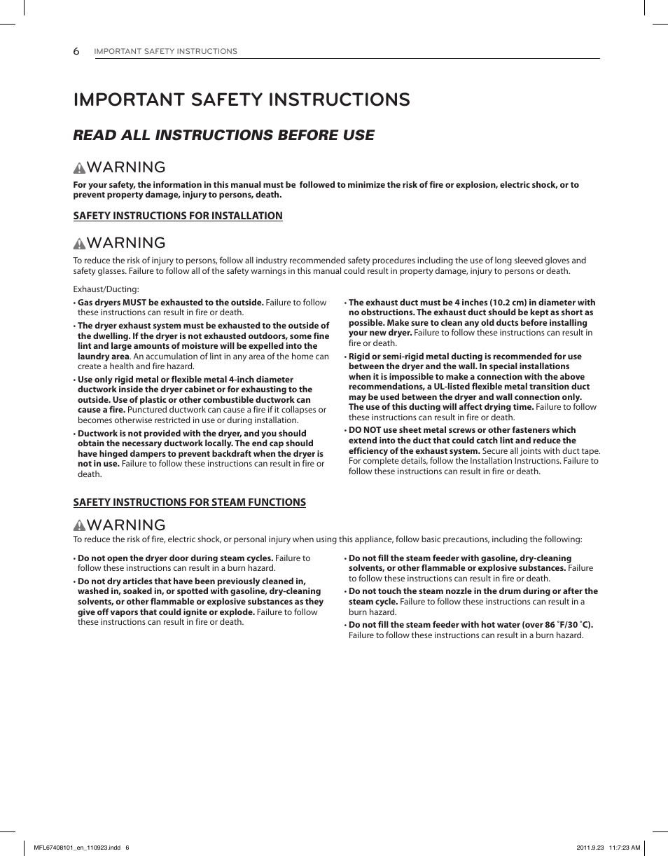 Important safety instructions, Warning, Read all instructions before use w | LG DLEX3550V User Manual | Page 6 / 96