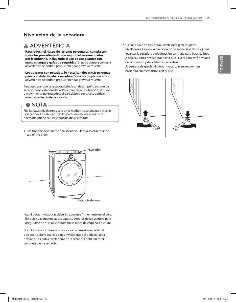 Advertencia, Nota, Nivelación de la secadora | LG DLEX3550V User Manual | Page 61 / 96
