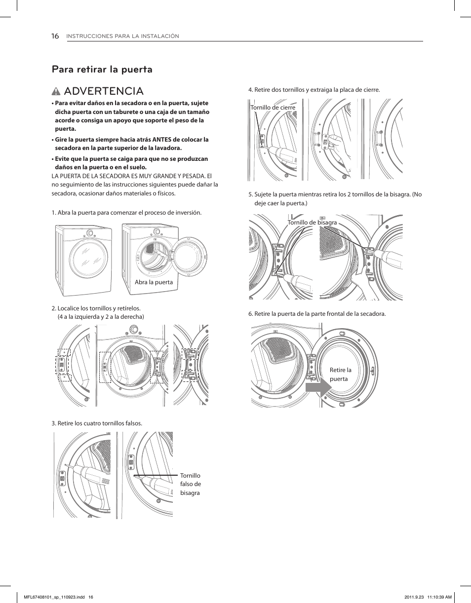 Advertencia, Para retirar la puerta | LG DLEX3550V User Manual | Page 62 / 96