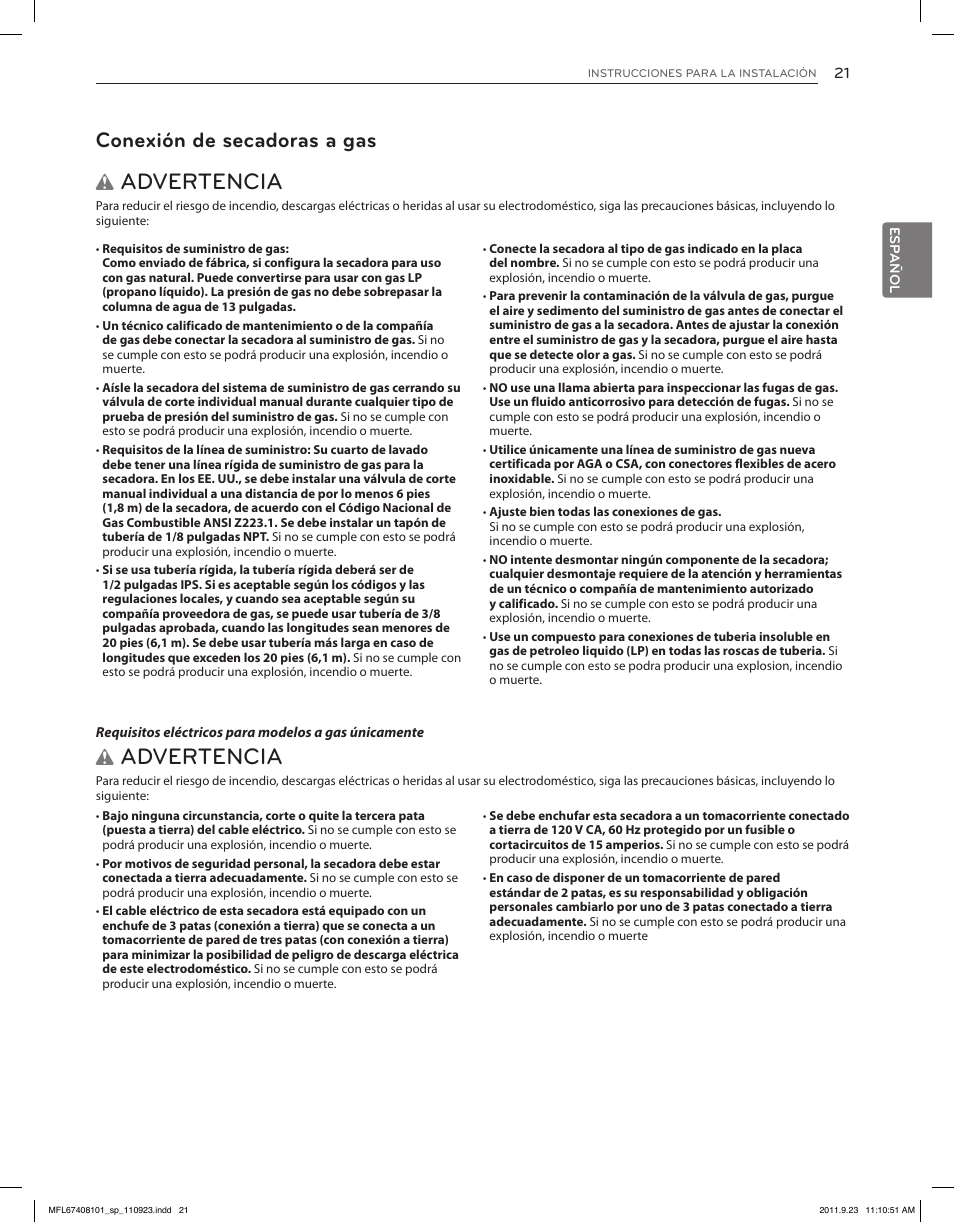 Advertencia, Conexión de secadoras a gas | LG DLEX3550V User Manual | Page 67 / 96
