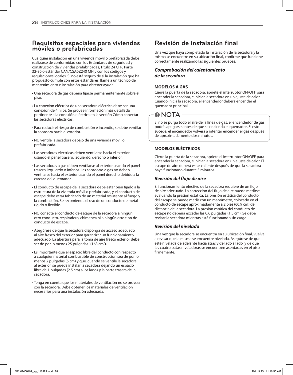 Nota, Revisión de instalación final | LG DLEX3550V User Manual | Page 74 / 96