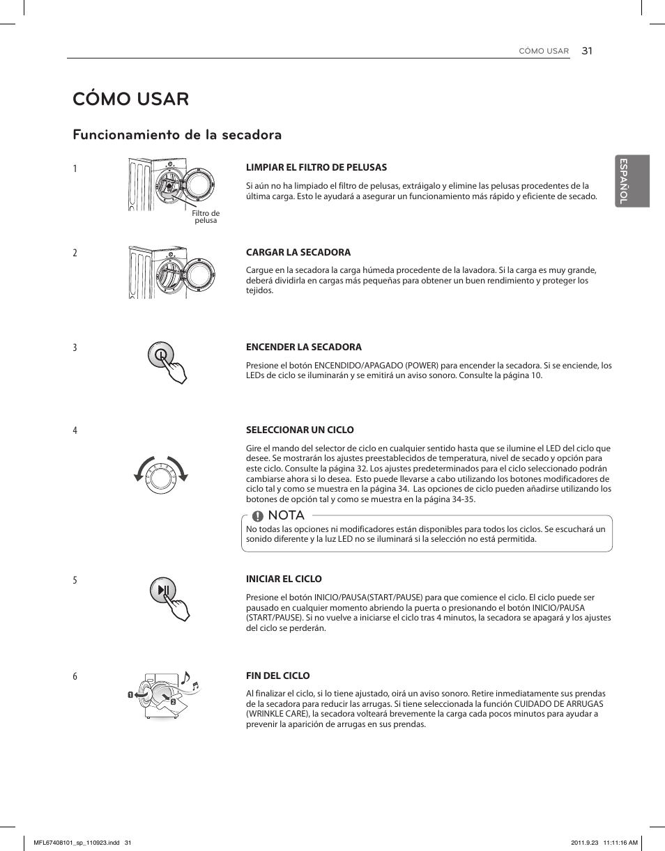 Cómo usar, Funcionamiento de la secadora, Nota | LG DLEX3550V User Manual | Page 77 / 96
