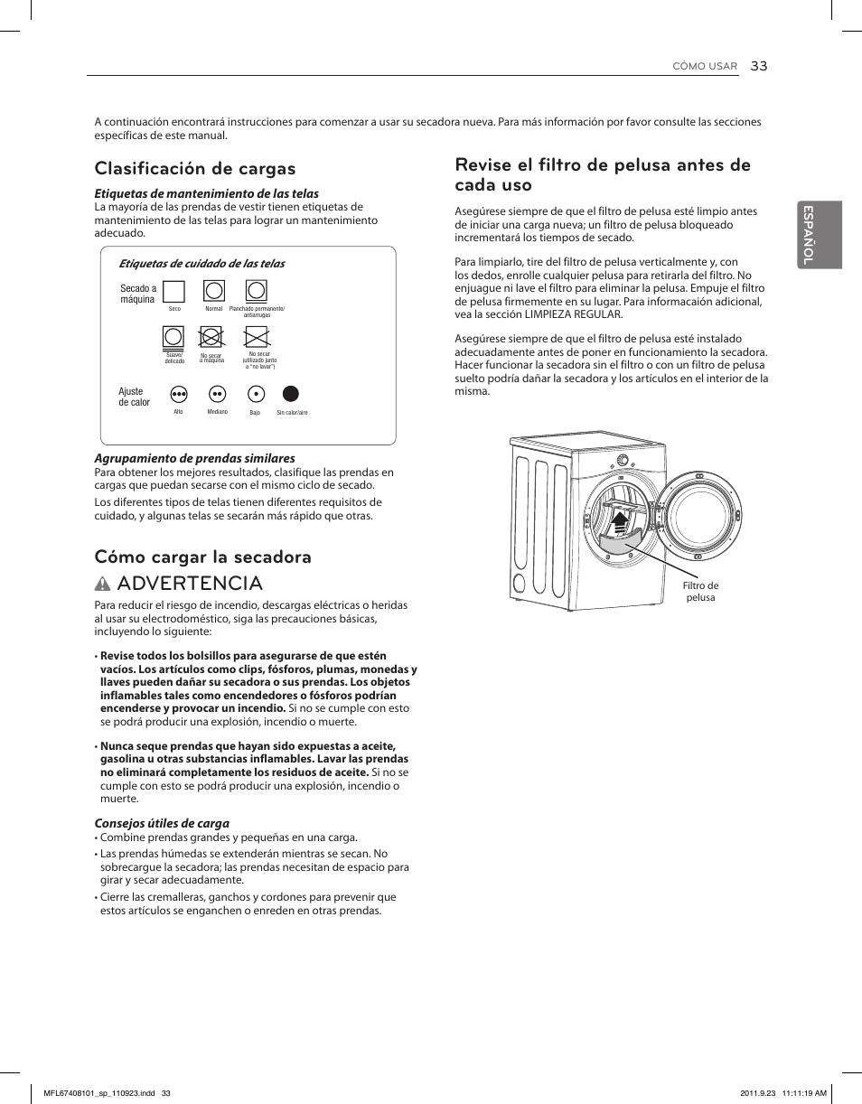 Advertencia, Revise el filtro de pelusa antes de cada uso, Clasificación de cargas | Cómo cargar la secadora | LG DLEX3550V User Manual | Page 79 / 96