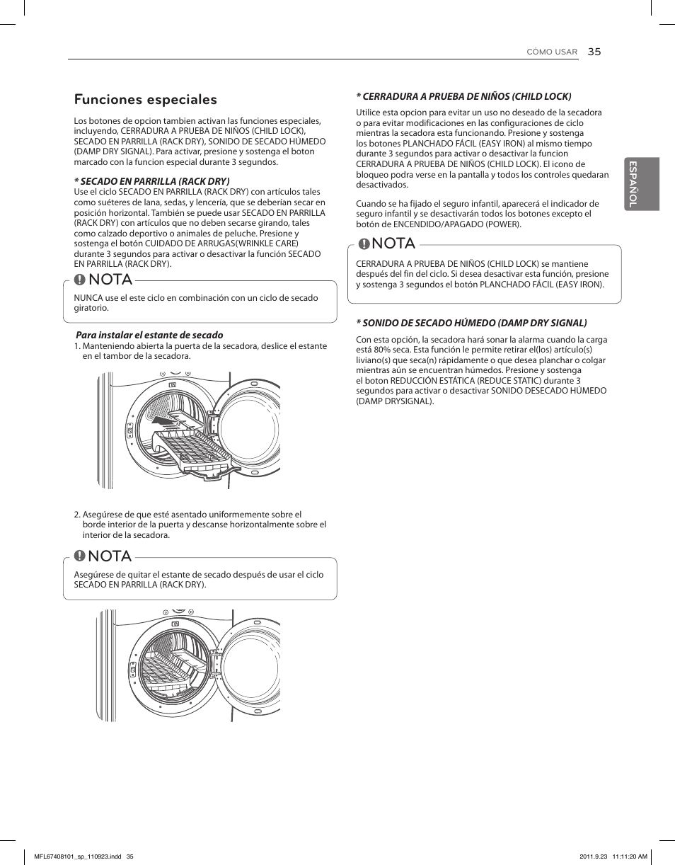 Nota, Funciones especiales | LG DLEX3550V User Manual | Page 81 / 96