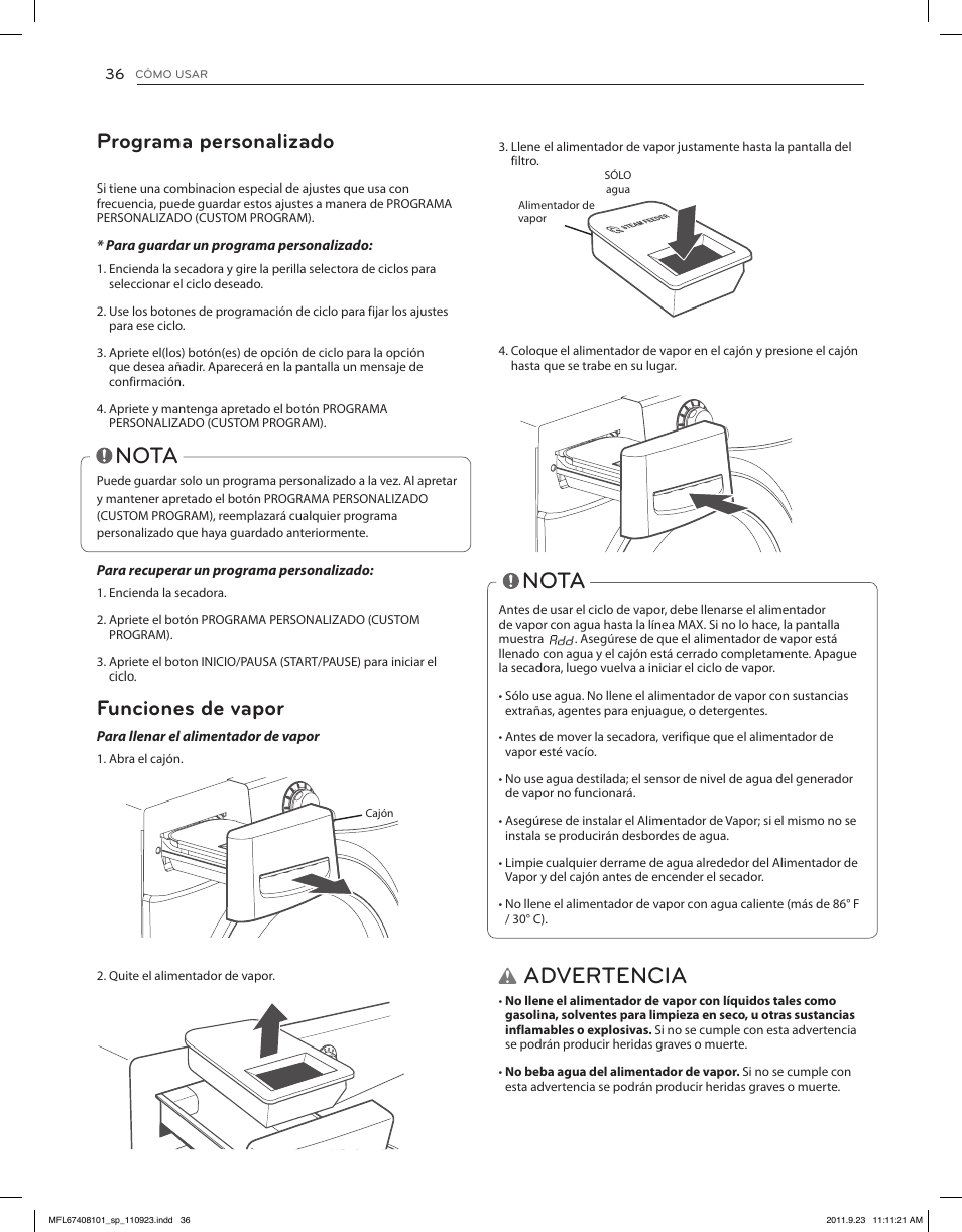 Advertencia, Nota, Funciones de vapor | Programa personalizado | LG DLEX3550V User Manual | Page 82 / 96