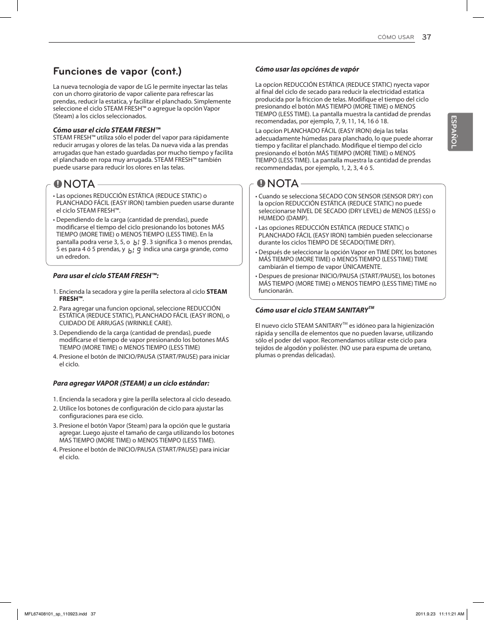 Nota, Funciones de vapor (cont.) | LG DLEX3550V User Manual | Page 83 / 96