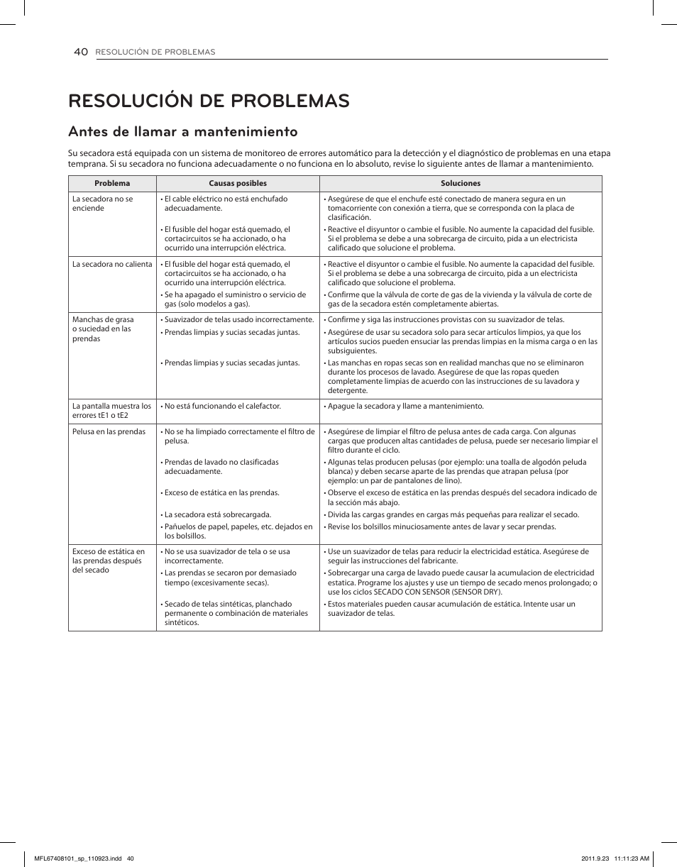 Resolución de problemas, Antes de llamar a mantenimiento | LG DLEX3550V User Manual | Page 86 / 96
