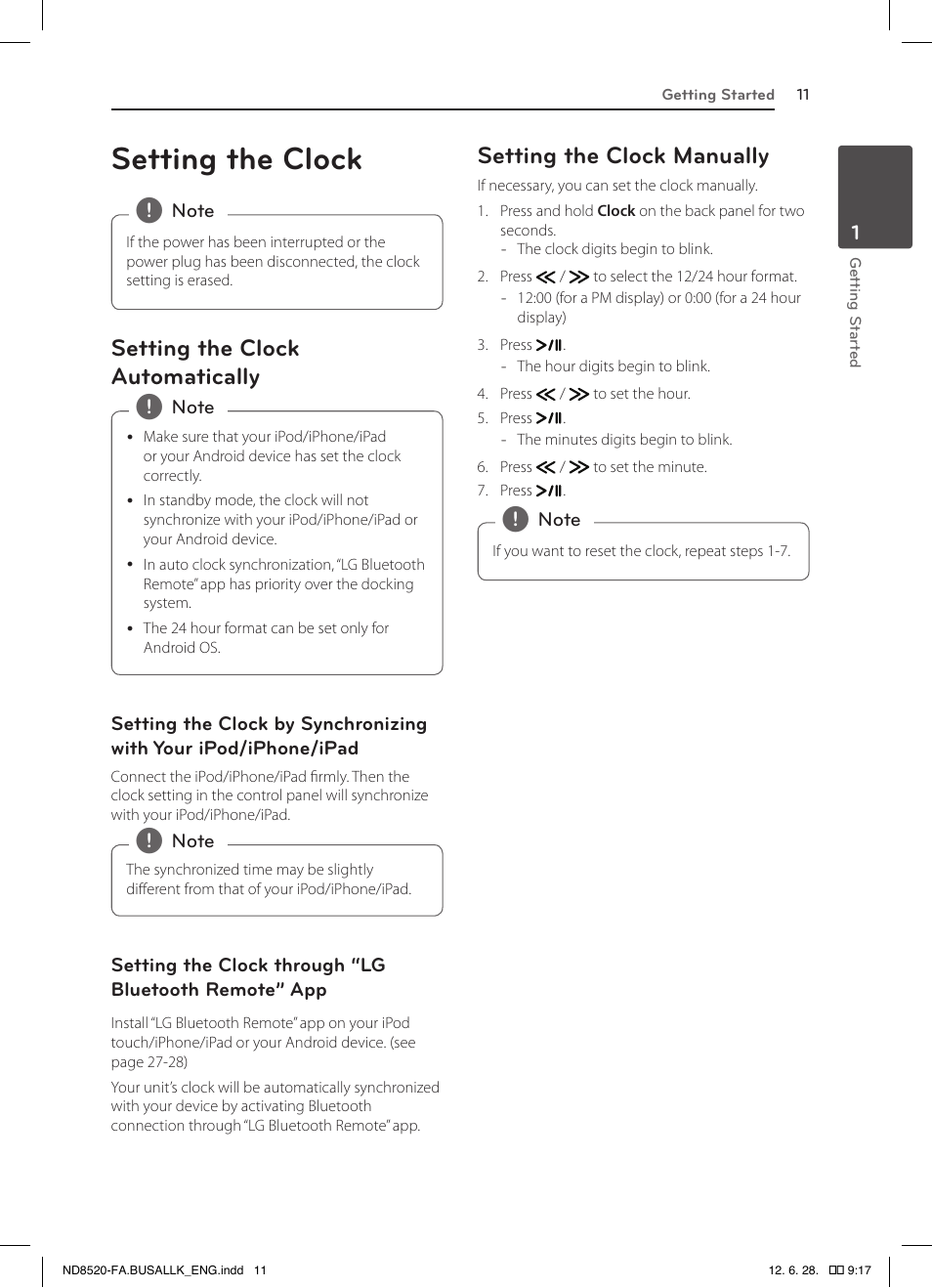 Setting the clock, Setting the clock automatically, Setting the clock manually | LG ND8520 User Manual | Page 11 / 36