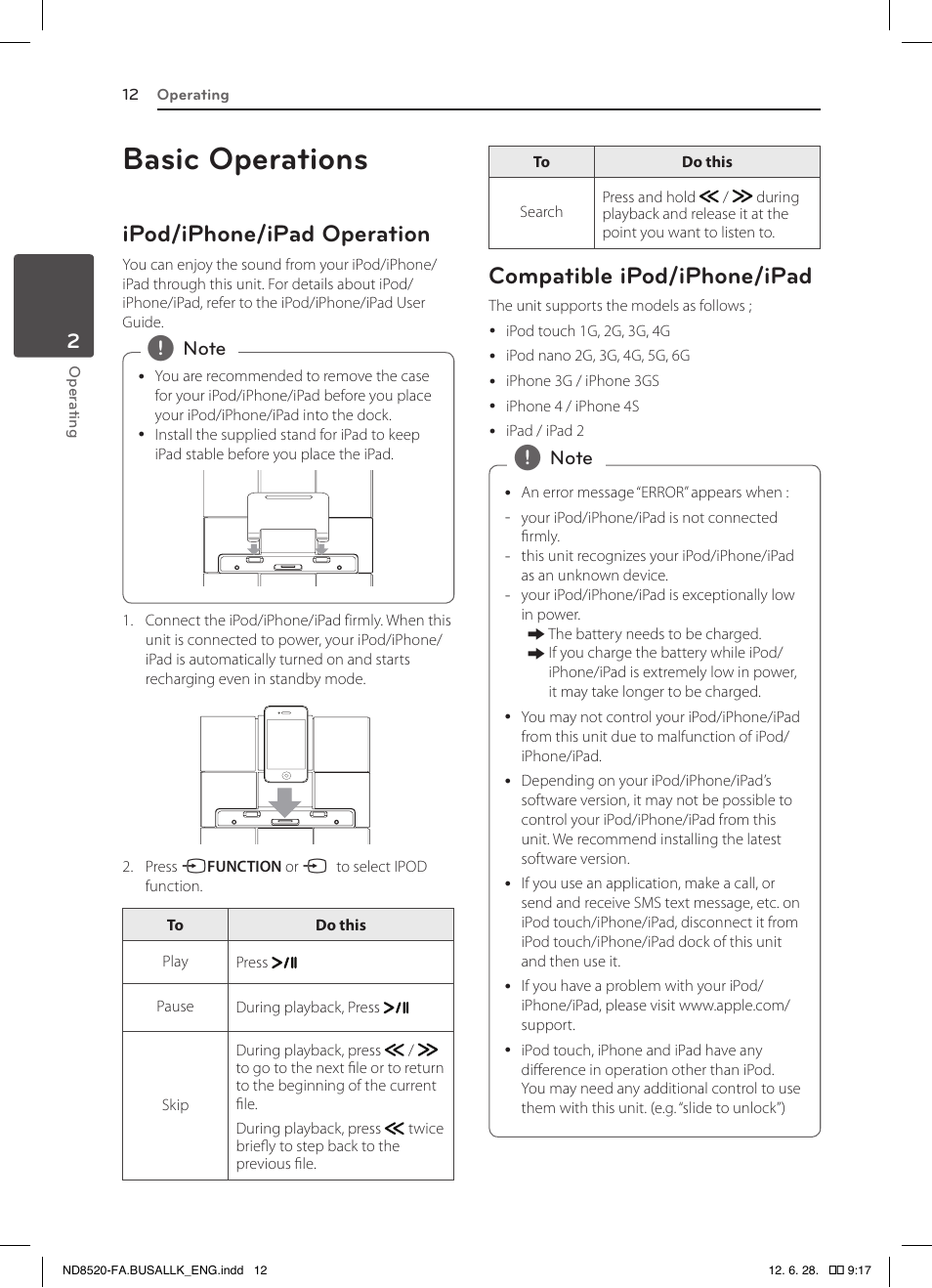 Basic operations, Ipod/iphone/ipad operation, Compatible ipod/iphone/ipad | LG ND8520 User Manual | Page 12 / 36