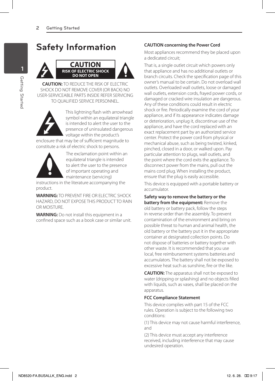 Safety information, Caution | LG ND8520 User Manual | Page 2 / 36