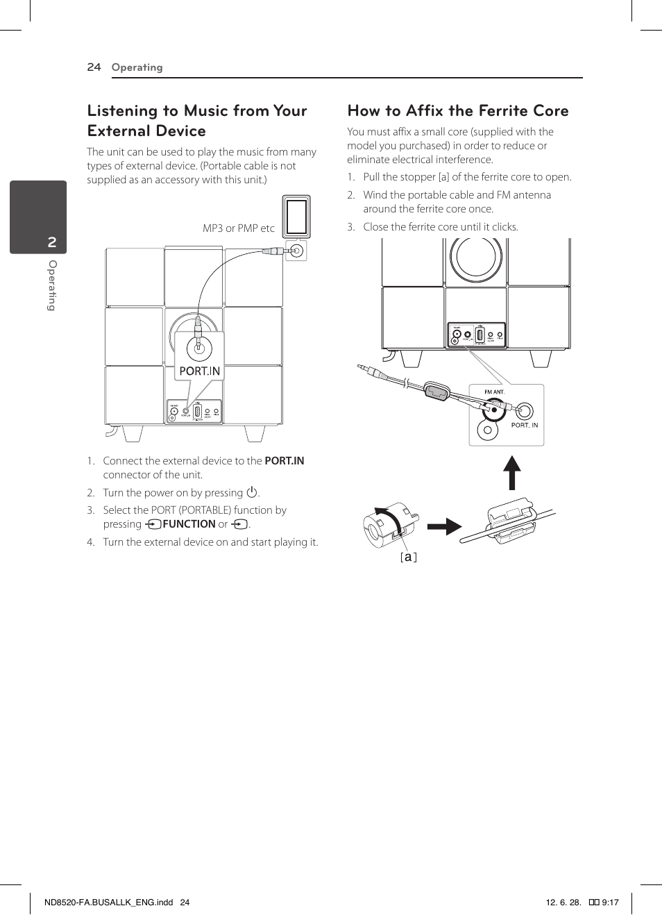 Listening to music from your external device, How to affix the ferrite core | LG ND8520 User Manual | Page 24 / 36