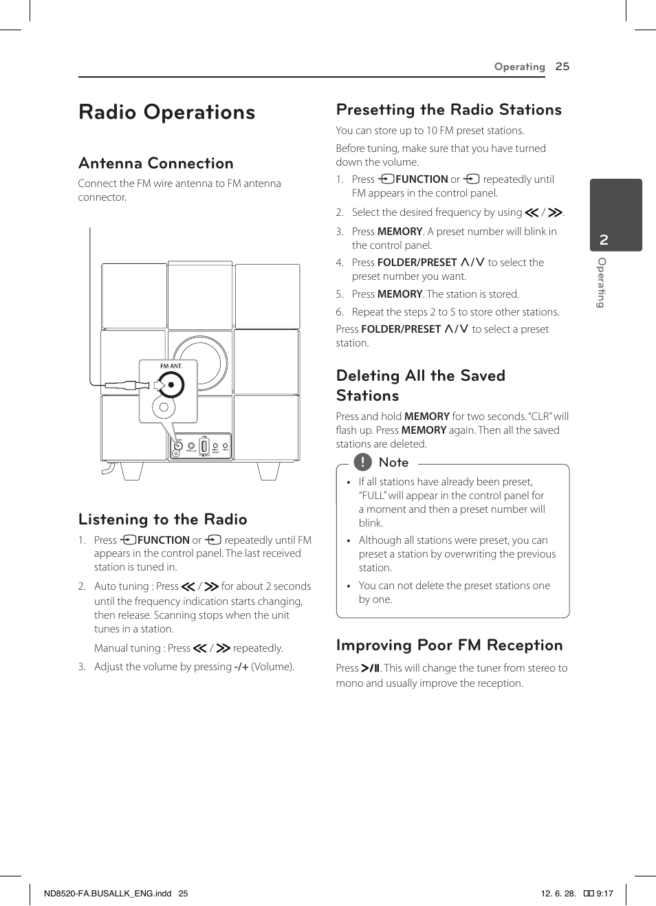 Radio operations, Antenna connection, Listening to the radio | Presetting the radio stations, Deleting all the saved stations, Improving poor fm reception | LG ND8520 User Manual | Page 25 / 36