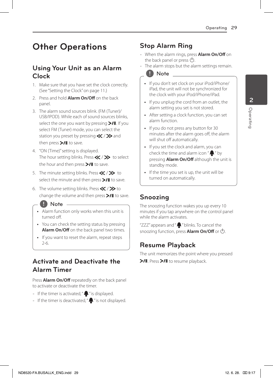 Other operations, Using your unit as an alarm clock, Activate and deactivate the alarm timer | Stop alarm ring, Snoozing, Resume playback | LG ND8520 User Manual | Page 29 / 36