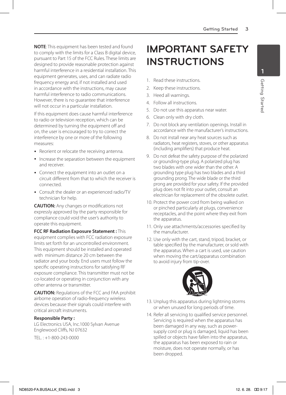 Important safety instructions | LG ND8520 User Manual | Page 3 / 36