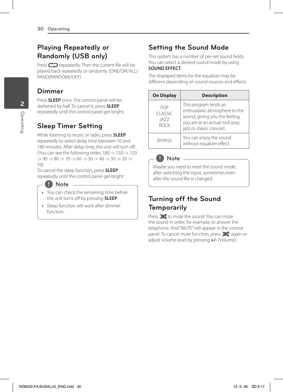 Playing repeatedly or randomly (usb only), Dimmer, Sleep timer setting | Setting the sound mode, Turning off the sound temporarily | LG ND8520 User Manual | Page 30 / 36