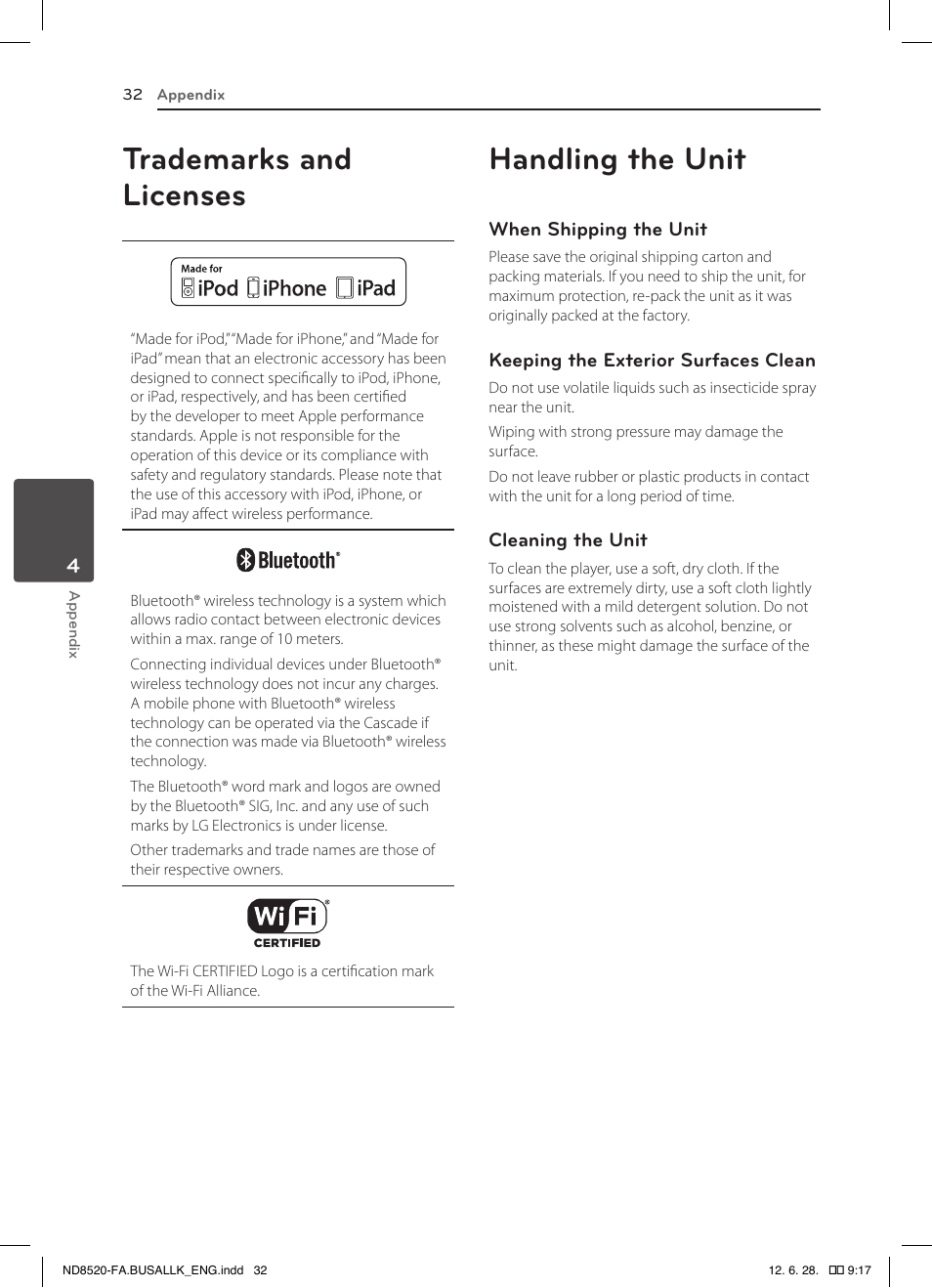 Trademarks and licenses, Handling the unit | LG ND8520 User Manual | Page 32 / 36