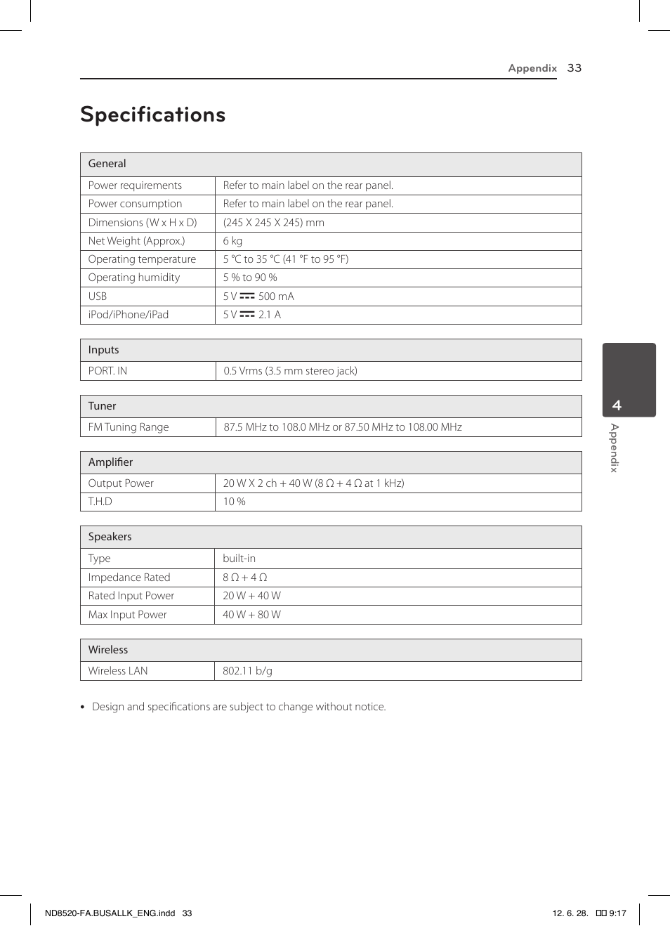 Specifications | LG ND8520 User Manual | Page 33 / 36