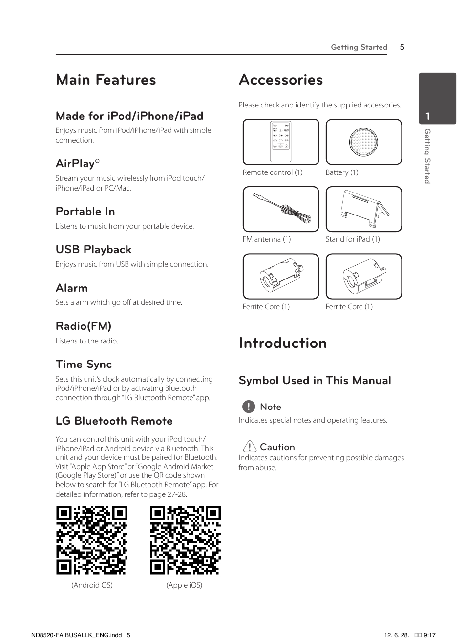 Main features, Accessories, Introduction | Made for ipod/iphone/ipad, Airplay, Portable in, Usb playback, Alarm, Radio(fm), Time sync | LG ND8520 User Manual | Page 5 / 36