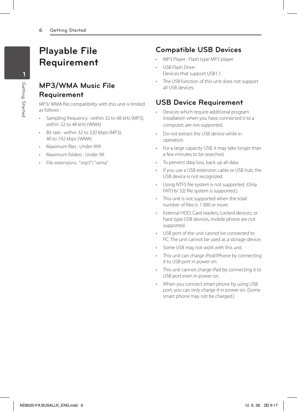 Playable file requirement, Mp3/wma music file requirement, Compatible usb devices | Usb device requirement | LG ND8520 User Manual | Page 6 / 36