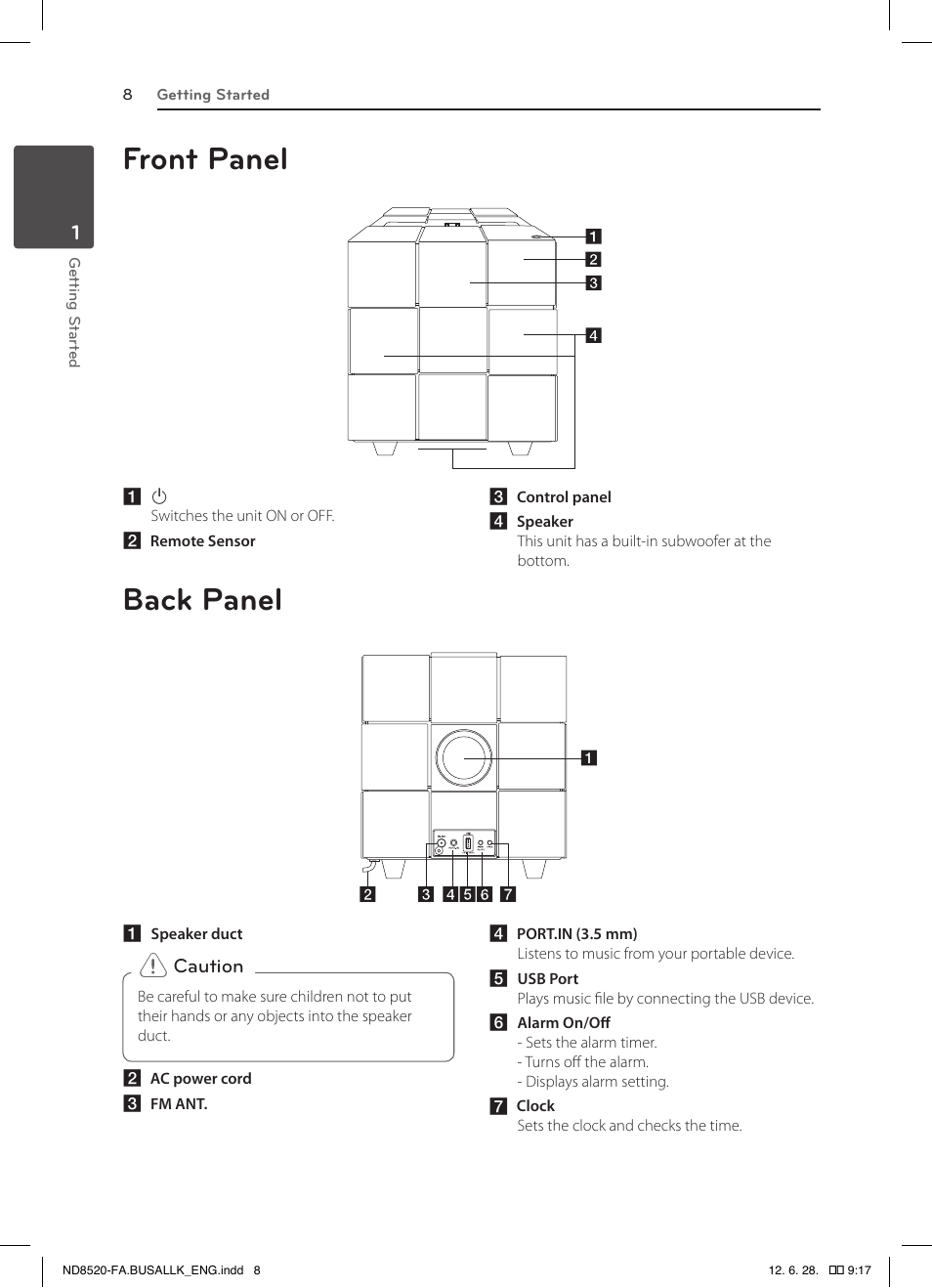 Front panel back panel | LG ND8520 User Manual | Page 8 / 36