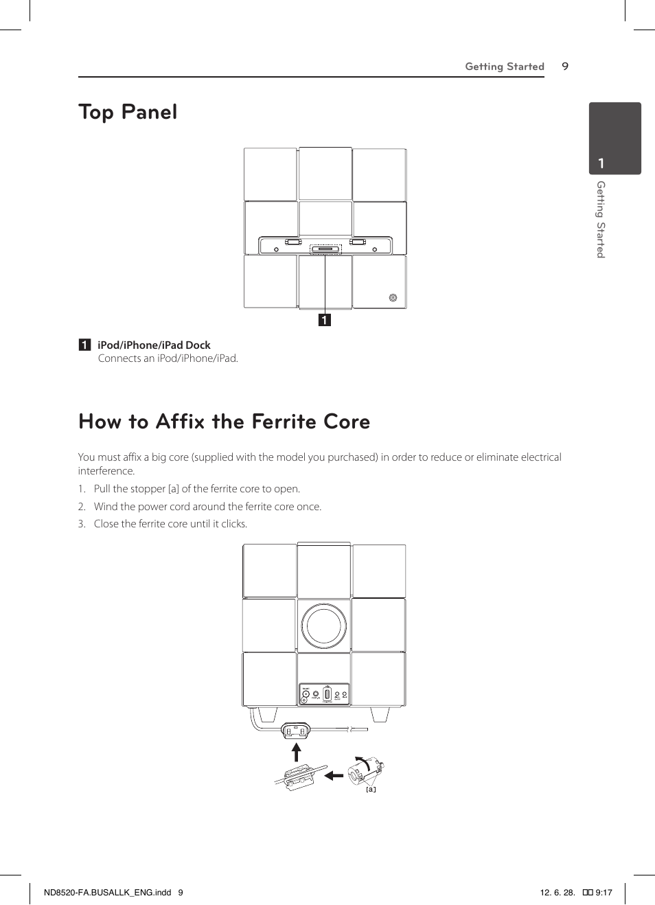 Top panel, How to affix the ferrite core | LG ND8520 User Manual | Page 9 / 36