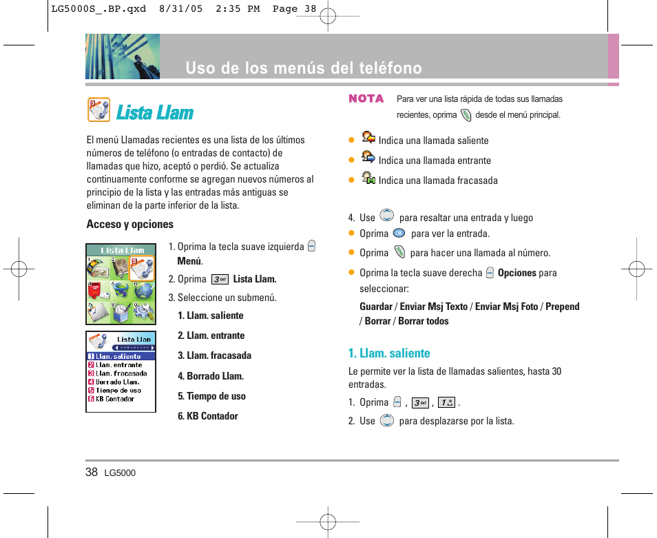 Uso de los menús del teléfono | LG LGBP5000 User Manual | Page 133 / 191