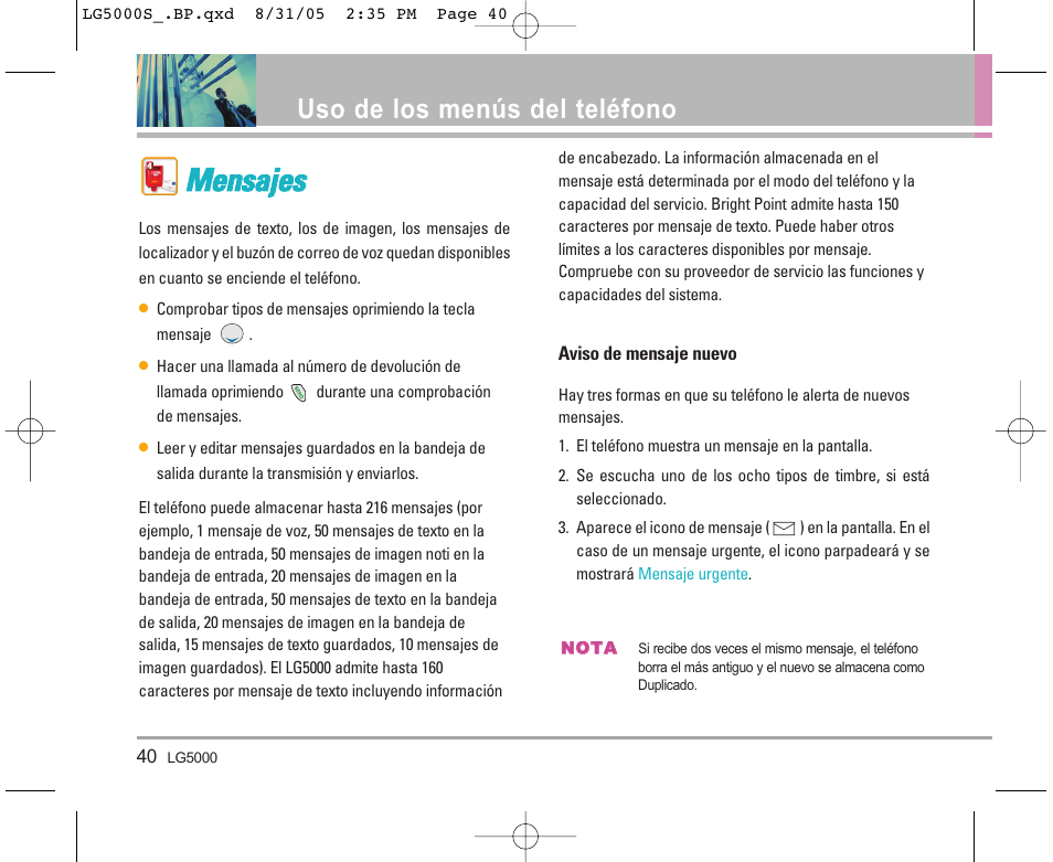 Mme en nssa ajje ess, Uso de los menús del teléfono | LG LGBP5000 User Manual | Page 135 / 191