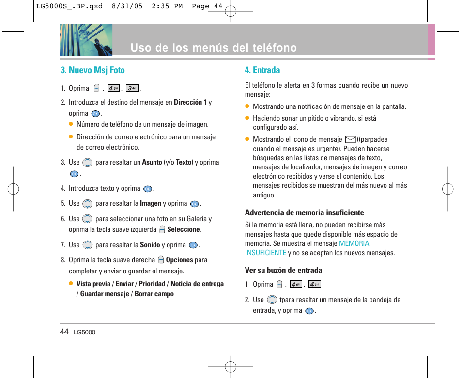 Uso de los menús del teléfono, Nuevo msj foto, Entrada | LG LGBP5000 User Manual | Page 139 / 191