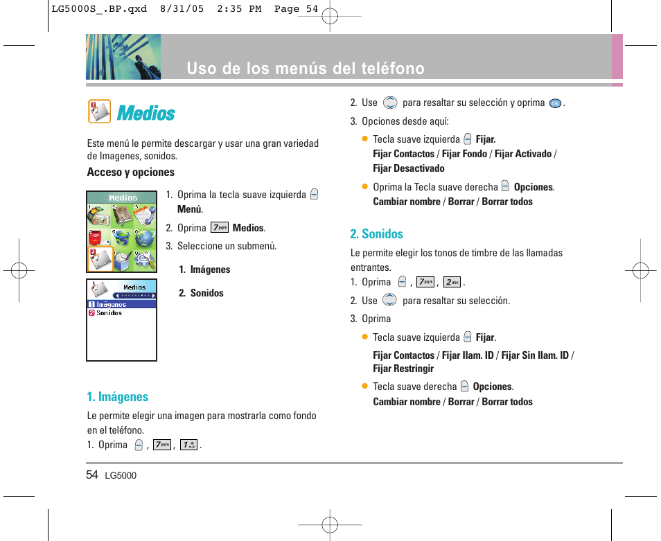 Mme ed diio oss, Uso de los menús del teléfono | LG LGBP5000 User Manual | Page 149 / 191