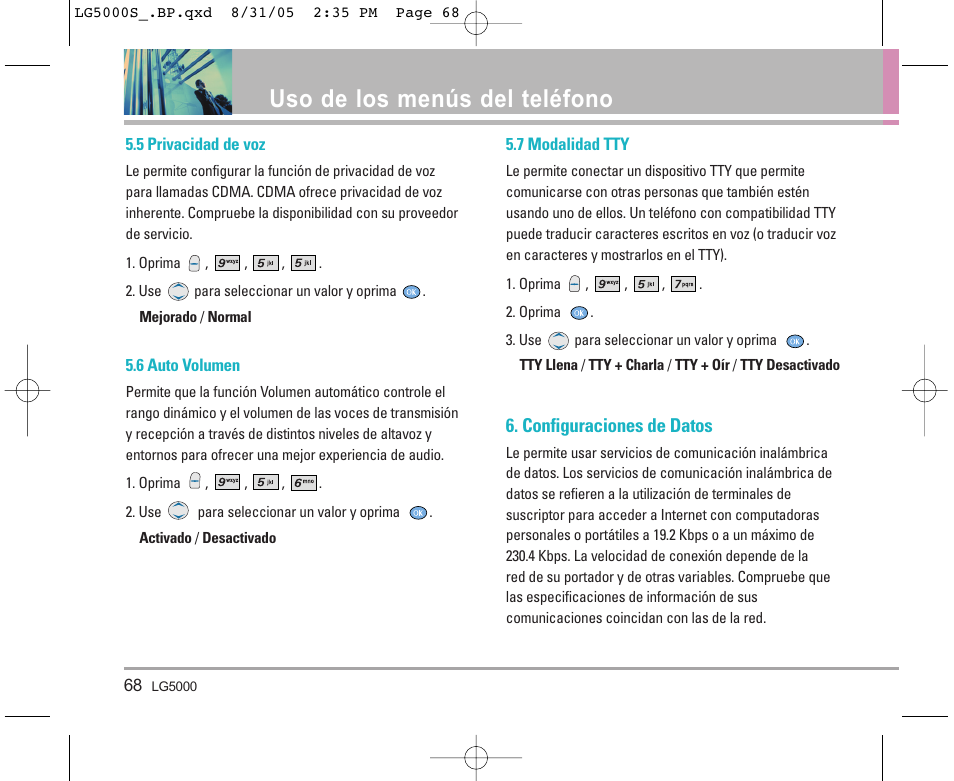 Uso de los menús del teléfono, Configuraciones de datos | LG LGBP5000 User Manual | Page 163 / 191