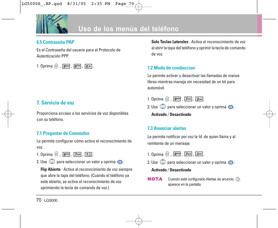 Uso de los menús del teléfono, Servicio de voz | LG LGBP5000 User Manual | Page 165 / 191