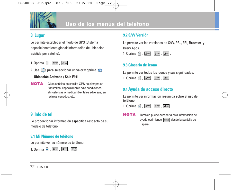 Uso de los menús del teléfono, Lugar, Info de tel | Ayuda de acceso directo | LG LGBP5000 User Manual | Page 167 / 191