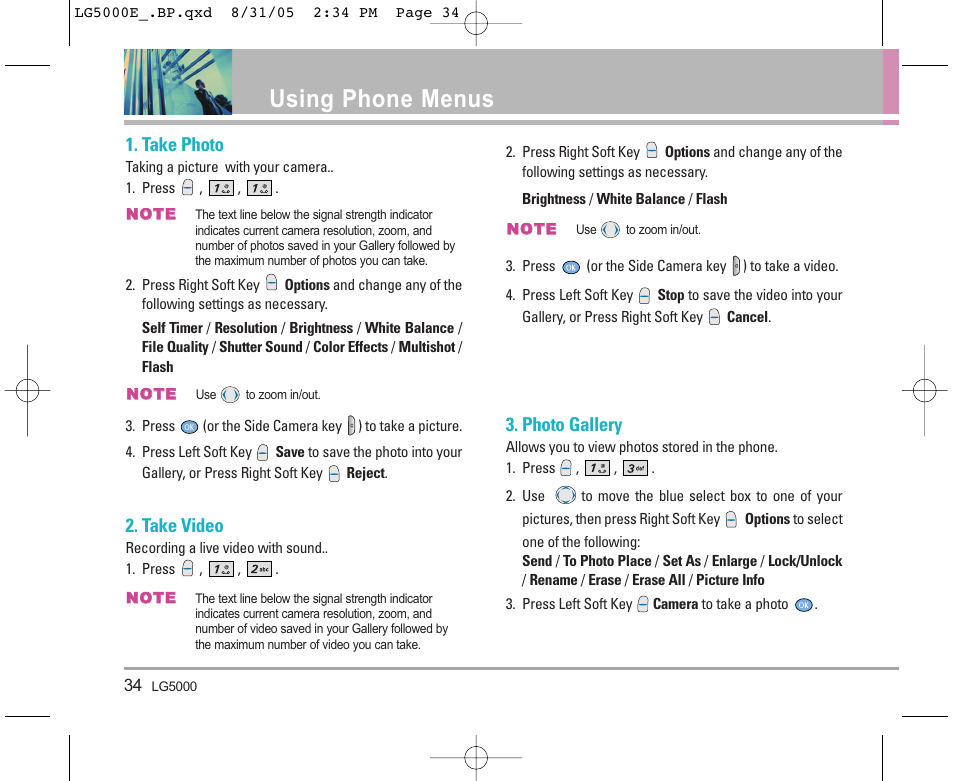 Using phone menus, Take photo, Take video | Photo gallery | LG LGBP5000 User Manual | Page 35 / 191