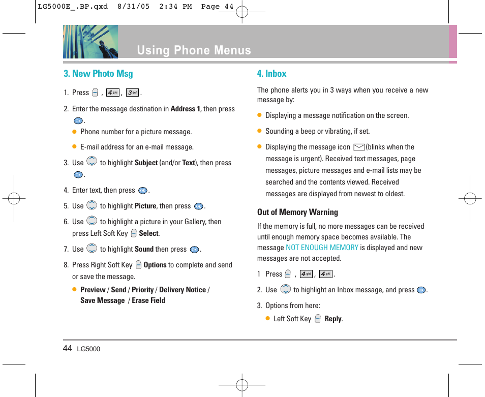 Using phone menus, New photo msg, Inbox | LG LGBP5000 User Manual | Page 45 / 191